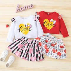 Kids Toddler Girls Casual Cute Sweet Letter Heart Print Long Sleeve Round Neck Sweatshirts Skirt Set