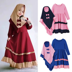 Children Kids Baby Fashion Girls Long-Sleeved Dress And Bowknot Headscarf Muslim 2pc Set