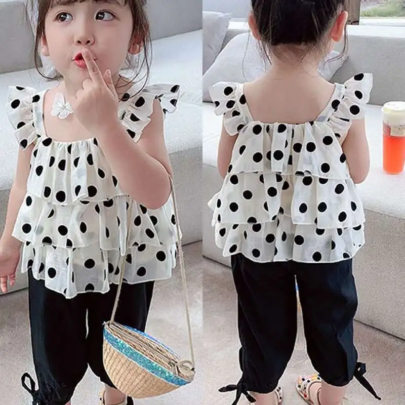 2pcs/Set Girls Summer Polka Dot Print Ruffle Tanks And Pants