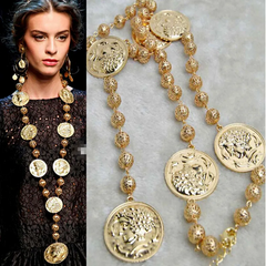 Baroque Vintage Women Metal Coin Head Round Long Exaggerated Necklace