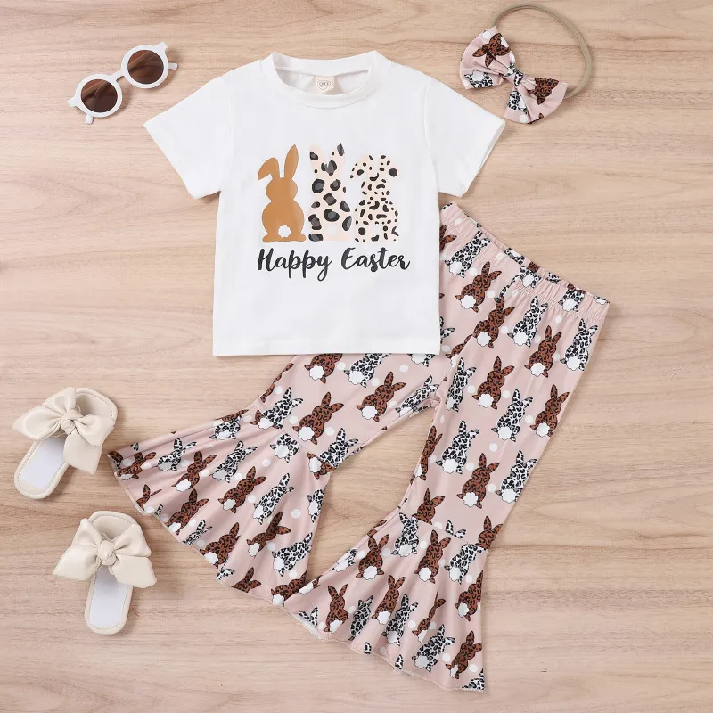 Kids Toddler Girls Casual Cute Easter Alphabet Cartoon Rabbit Print Short Sleeve Round Neck T-Shirt Flare Trousers Set