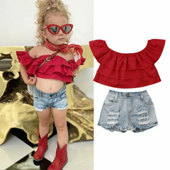 2 Pcs Set Girl Kid Red Ruffle Off-Shoulder Tops And Denim Shorts