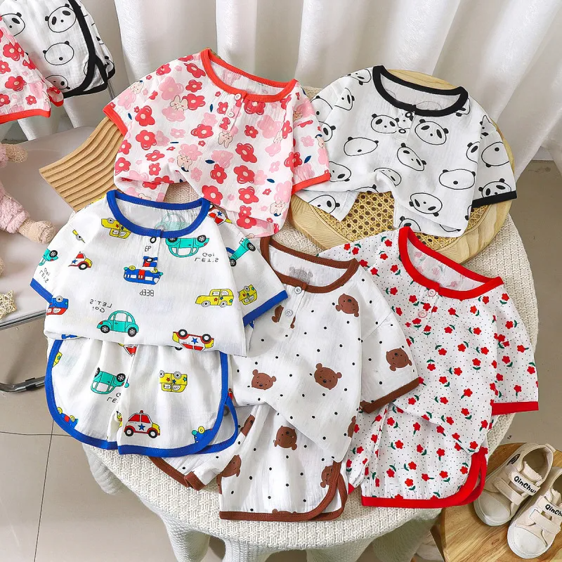 Children Kids Baby Fashion Girls Boys Casual Basic Short Sleeve Cartoon Print Short Sleeve T-Shirt And Shorts 2pcs Set