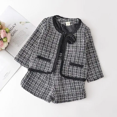 Girls Fashion Flower Decoration Plaid Coat And Shorts Set