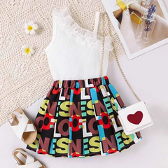 Kids Toddler Girls Casual Cute Solid Color Sleeveless One-Shoulder Top Letter Print Skirt Set