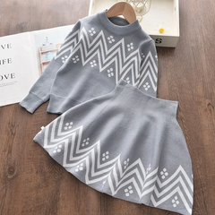 Girls Round Neck Long-Sleeve Tops And Stripe Skirt Two-Piece Set