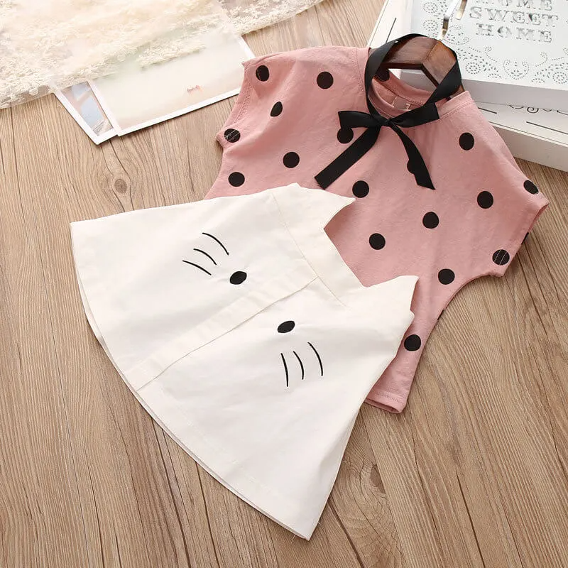 Girls Cute Polka Dot T-Shirt And Cat Pattern Skirt Set