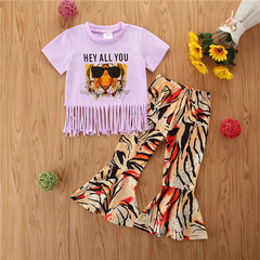 Girls Fashion Tiger Pattern Tassels Design T-Shirt And Pants Set