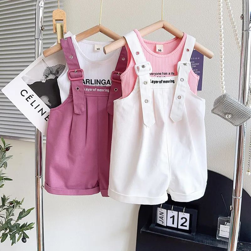 Children Kids Baby Fashion Girls Casual Sleeveless Letter Print Top And Overalls 2pcs Set