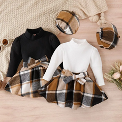 Kids Toddler Girls Fashion Casual Solid Color Stripe Long Sleeve Round Neck T-Shirt Plaid Short Skirt Sets