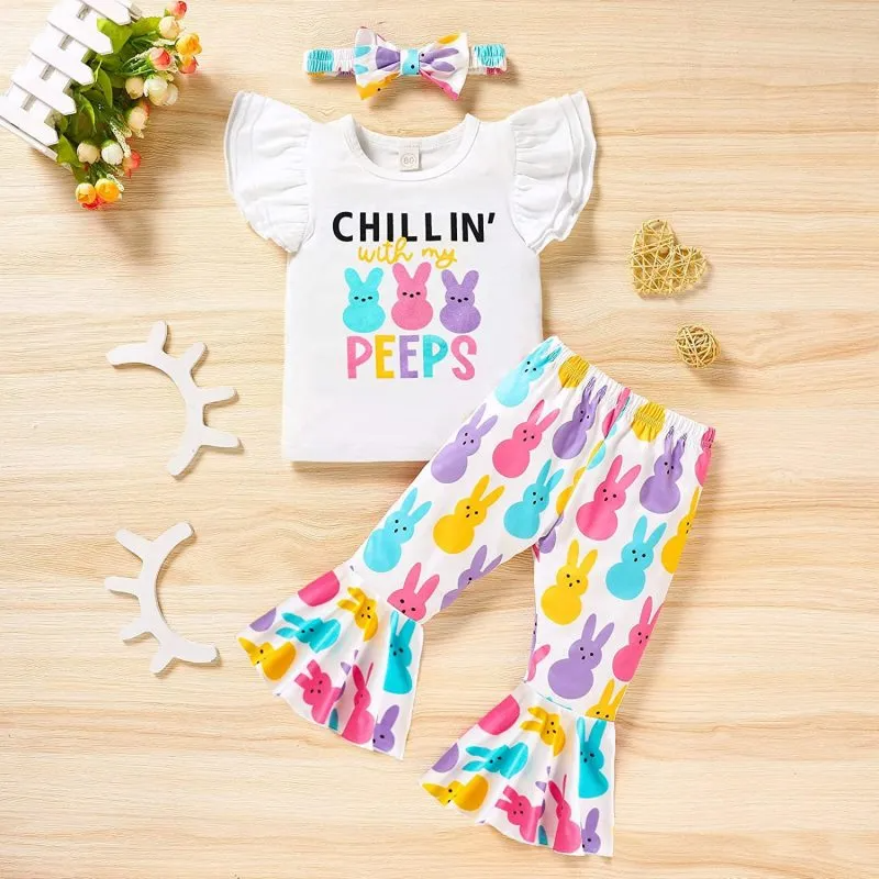 Kids Toddler Girls Casual Cute Easter Day Cartoon Rabbit Letter Print Raglan Sleeve Round Neck T-Shirt Flare Trousers Set