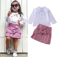 Girl Solid Color Bownot Decor Top And Plaid Skirt Set