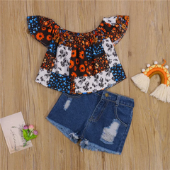 Girls Retro Flower Pattern Ruffled Tops And Denim Shorts Set