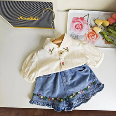 Children Kids Baby Fashion Girls Casual Short Sleeve Flower Embroidery Blouse And Denim Shorts 2pcs Set