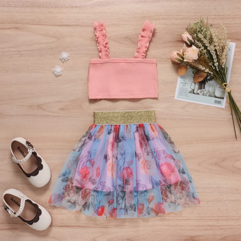 Kids Toddler Girls Fashion Casual Cute Solid Color Camisole Mesh Floral Skirt Set