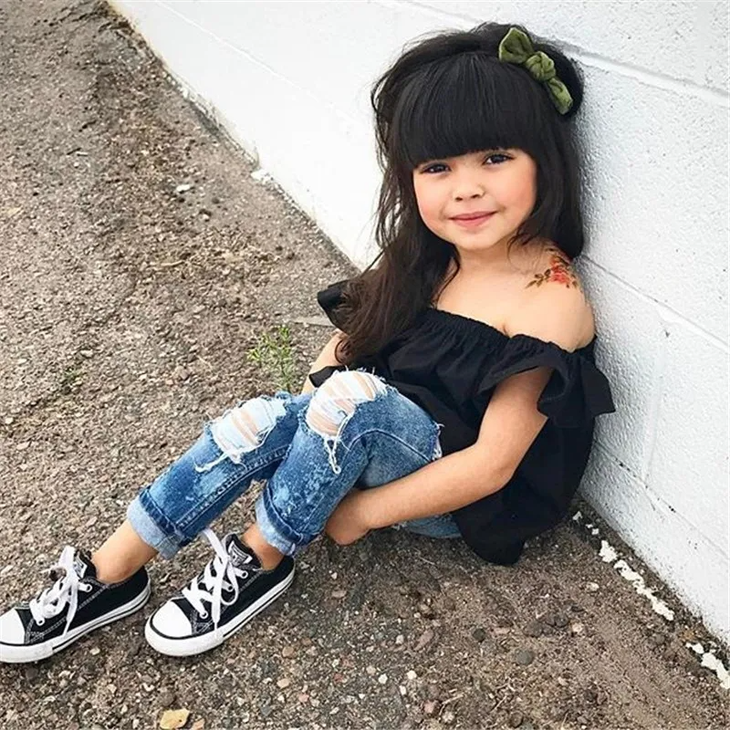 Girls Off-Shoulder Black Top And Jeans With Headband Set