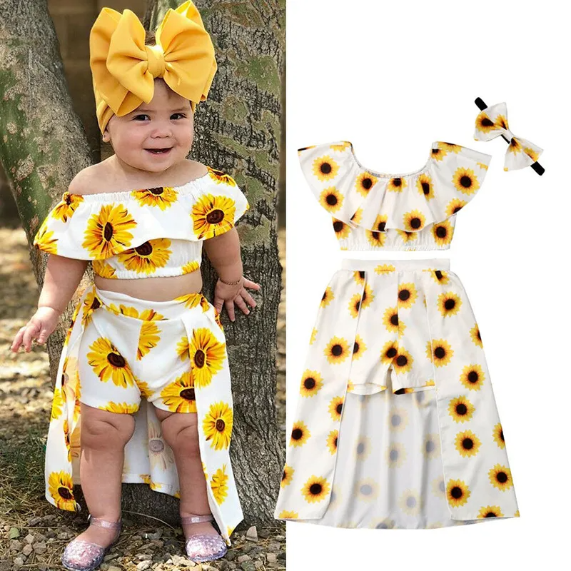 Girls Fashion Sunflower Pattern Ruffled Tops And Culotte With Headband Set