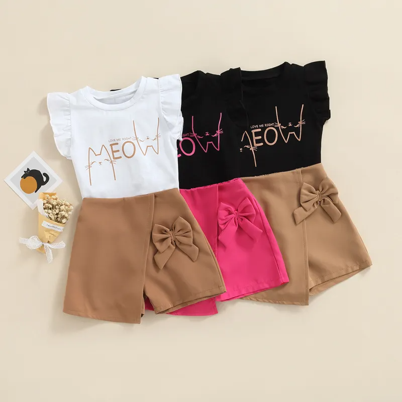 Kids Toddler Girls Summer Casual Cute Sleeveless Letter Round Neck T-Shirt Bow Shorts Sets