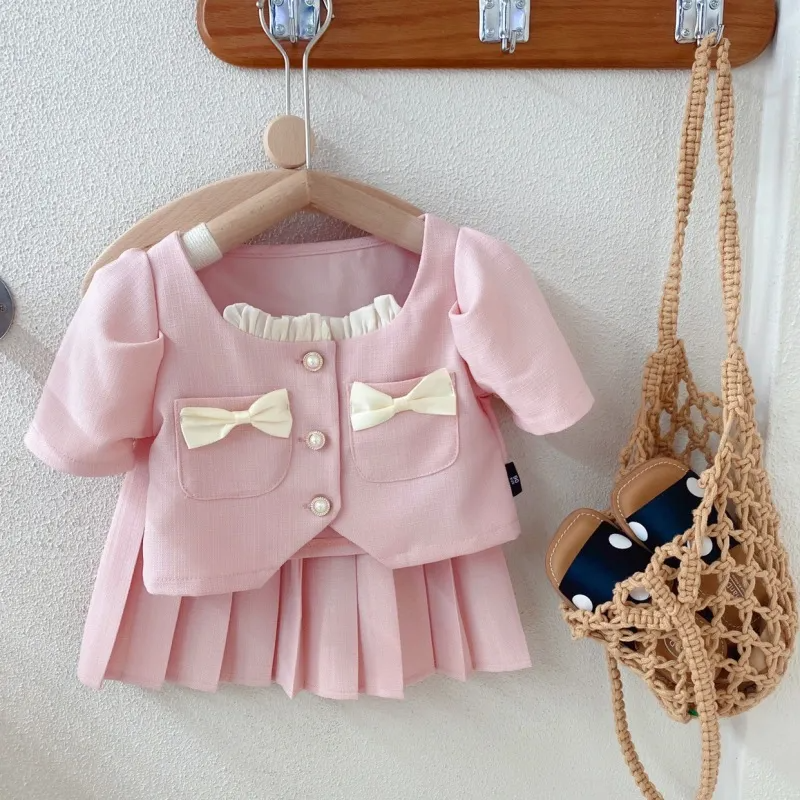 Children Kids Baby Fashion Girls Short Sleeve Bow Button Top And Pleated Skirt 2pcs Set