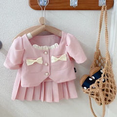 Children Kids Baby Fashion Girls Short Sleeve Bow Button Top And Pleated Skirt 2pcs Set