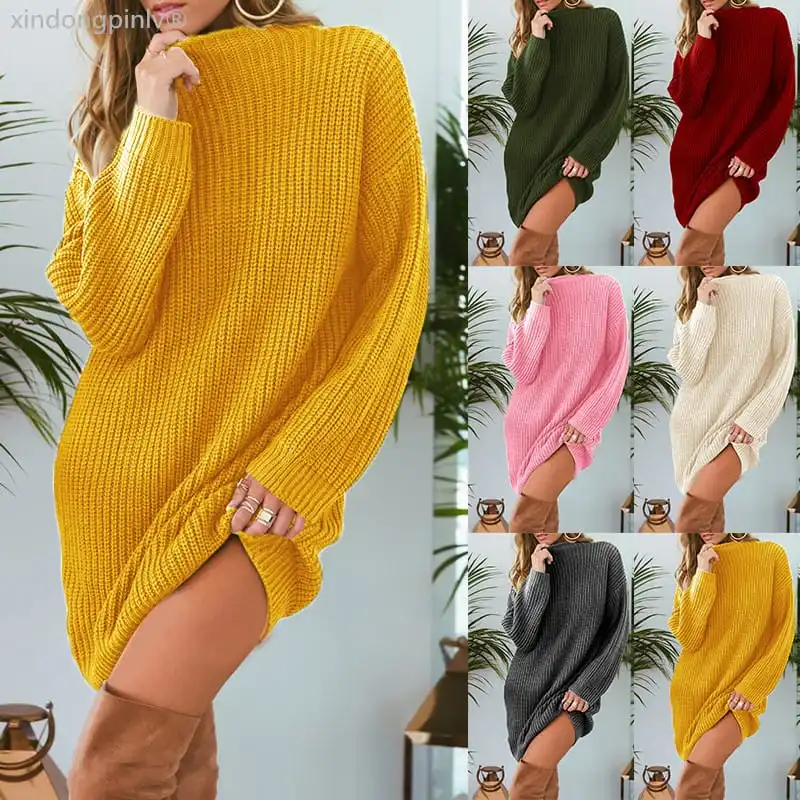 Autumn Winter Women Fashion Solid Color Long Sleeve Loose Knit Dress