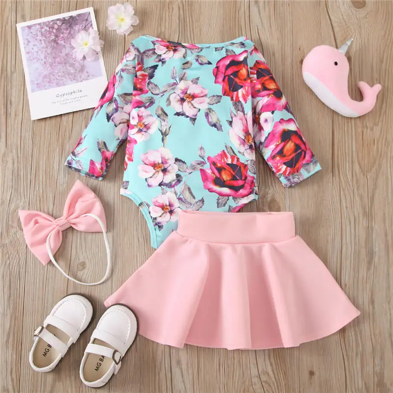 Flower Printing Long Sleeve Rompers And Solid Color Skirt With Headband Set