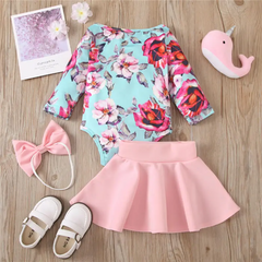 Flower Printing Long Sleeve Rompers And Solid Color Skirt With Headband Set