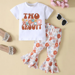 Kids Toddler Girls Summer Fashion Casual Sweet Cotton Letter Round Neck T-Shirt Tiny Flower Flower Trousers Set