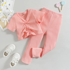 Children Kids Toddlers Fashion Girls Pit Strip Solid Color V-Neck Drawstring Top And Pants 2pcs Set