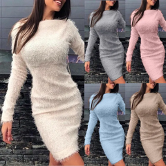 Winter Women Fashion Solid Color Plush Bodycon Dress