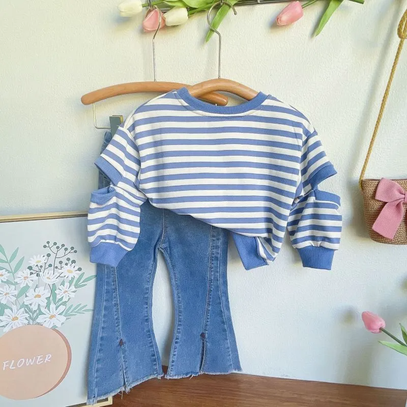 Children Kids Toddlers Girls Long-Sleeved Stripes Top And Flared Jeans 2pcs Set