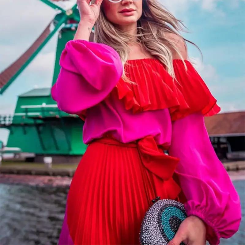 Women Off The Shoulder Pleated Long Sleeve Dresses