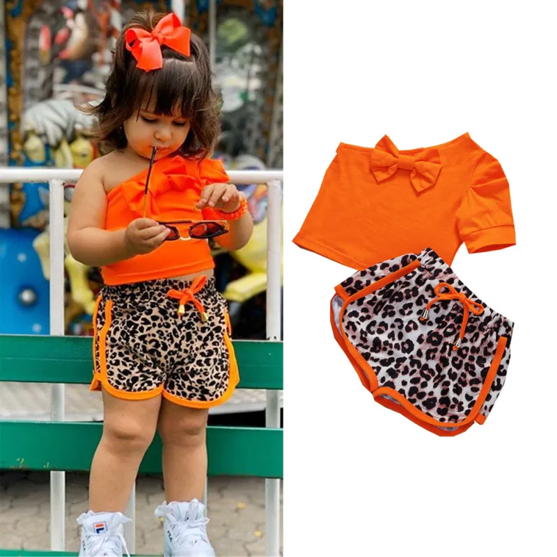 2pcs/Set Girl One-Shoulder Short Sleeve Leopard Shorts Set