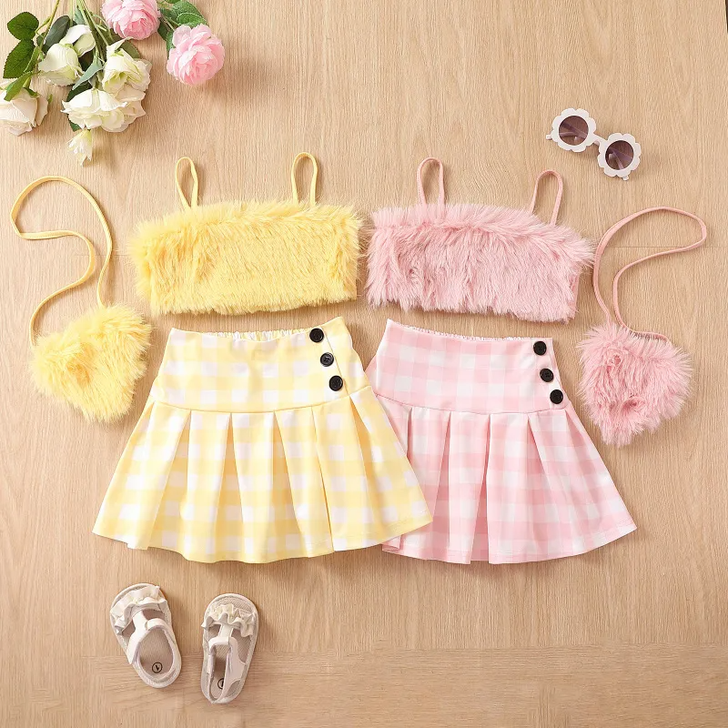 Kids Toddler Girls Casual Cute Sweet Solid Color Plush Cami Tube Top Plaid Skirt Set