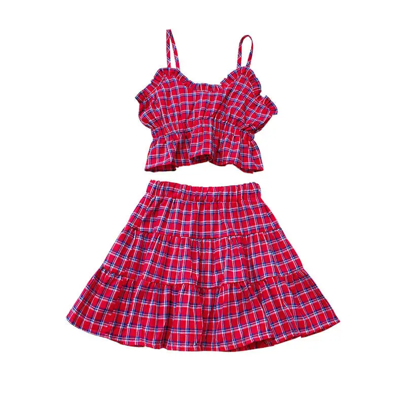 Girls Fashion Plaid Slip Tops And Skirt Set