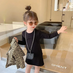 Girls Fashion Solid Color Long-Sleeves Dress And Leopard Coat Set