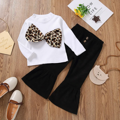 Children Kids Toddlers Girls Long Sleeve Leopard Bow T-Shirt And Flared Pants 2pcs Set