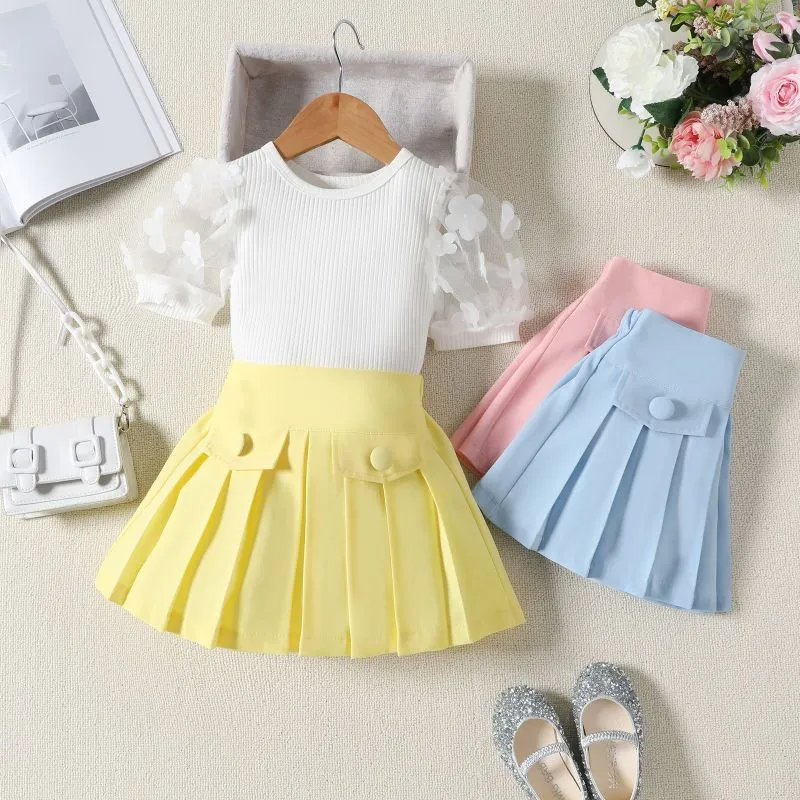 Kids Toddler Girls Fashion Casual Cute Solid Color Puff Sleeve Round Neck Top Skirt Set