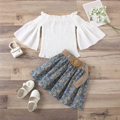 Kids Flared Sleeve Design Tops And Floral Pattern Pleated Skirt With Belt Set