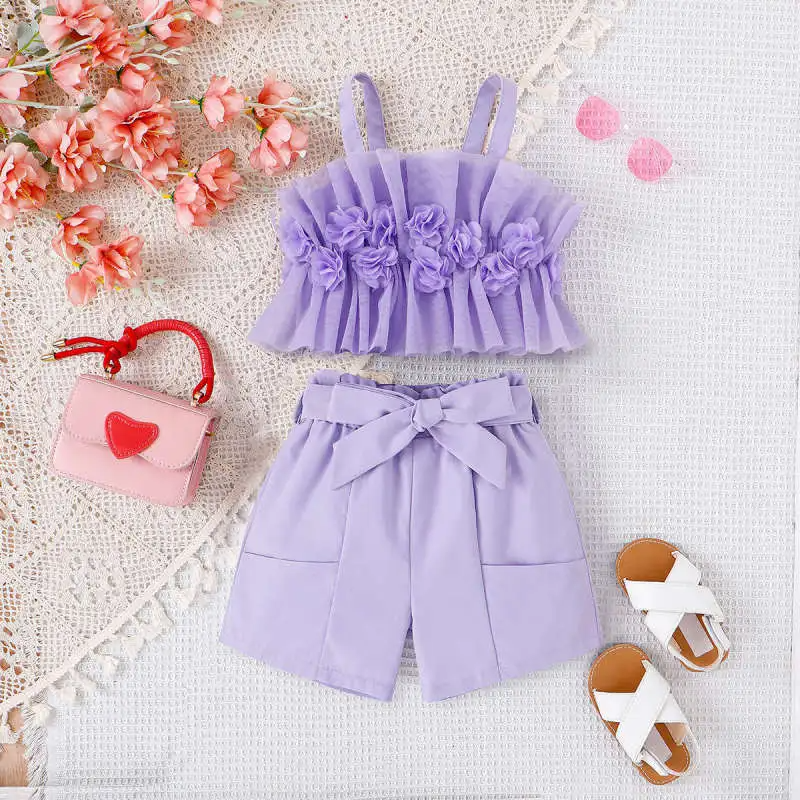 Kids Toddler Girls Summer Casual Basic Solid Color Mesh Sling Top Shorts Sets