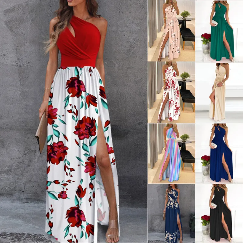 Women Fashion Sexy Oblique Shoulder Hollow-Out Maxi Dress