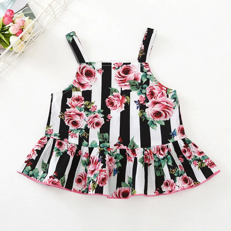 2 Pcs Set Girls Cotton Floral Printed Sleeveless Tops And Shorts