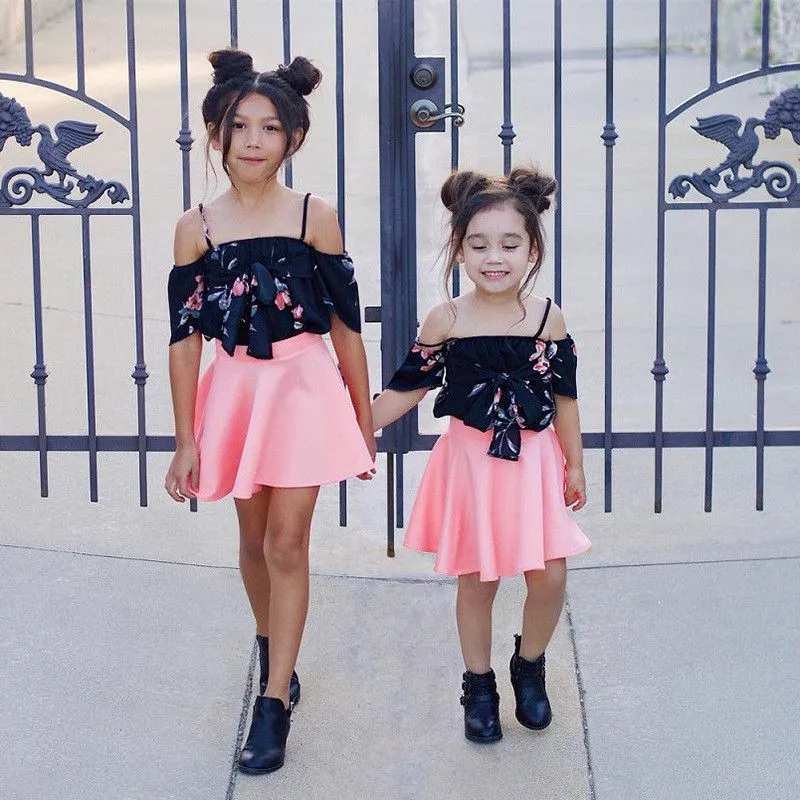 2 Pcs Cute Girl Floral Print Tops And Pink Skirts Set