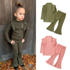 Girls Stringy Selvedge Design Long-Sleeves Tops And Pants Set