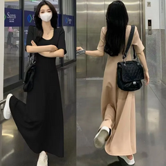 Women Casual Basic Solid Color Black Short-Sleeved Maxi Dress