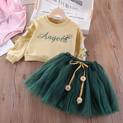 Children Kids Baby Fashion Girls Casual Long Sleeve Letter Embroidered Pearl Top And Mesh Skirt 2pcs Set