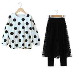 2 Pcs Set Junior Girl Black Dot Print Tops And Patchwork Pants