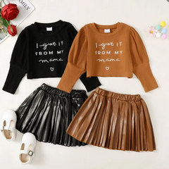 Kids Toddler Girls Spring Autumn Fashion Casual Letter Print Long Sleeve Round Neck Top PU Skirt Set