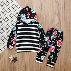 Girls Long-Sleeves Striped Flower Pattern Hoodie And Pants Set