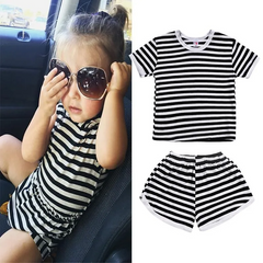 2 Pcs Kid Black Stripes Printed Tops And Shorts